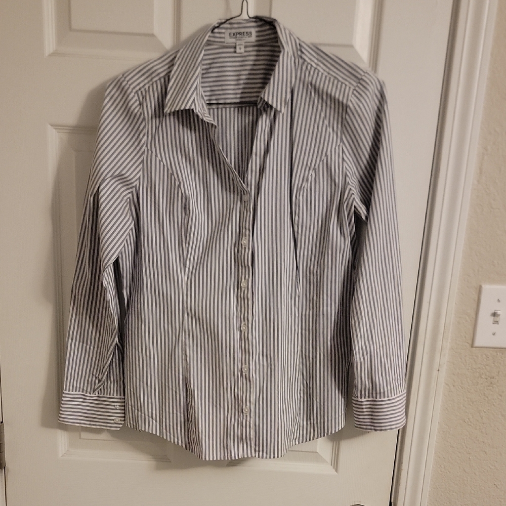Express Light Gray/blue and White Women's Button Down Striped Shirt